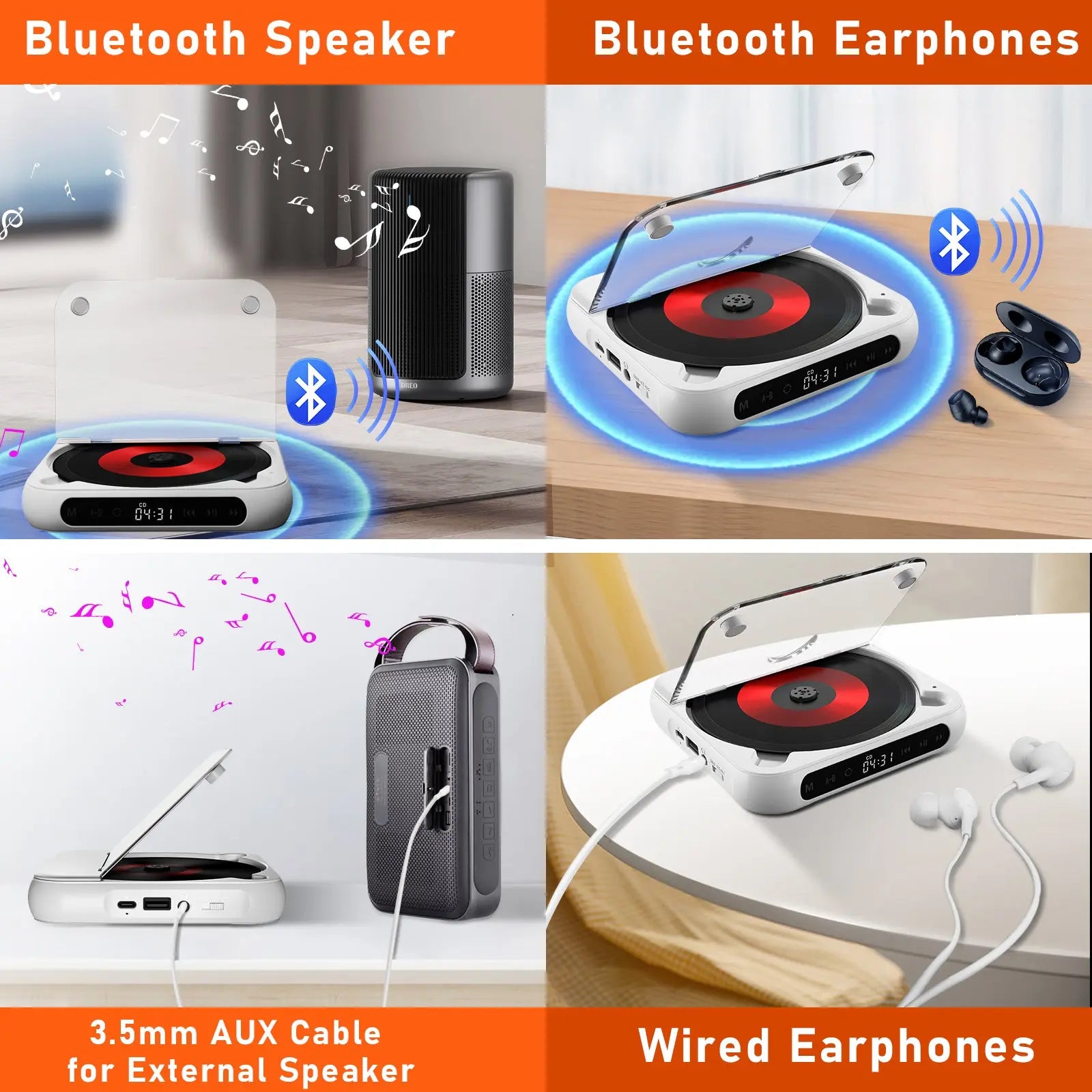 Portable Bluetooth Speaker LED Stereo CD Player