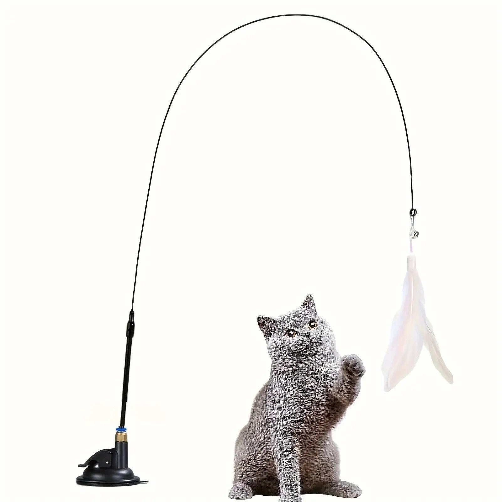 Long Suction Cup Pole Interactive Bell and Feather Wand Cat Teaser Toy