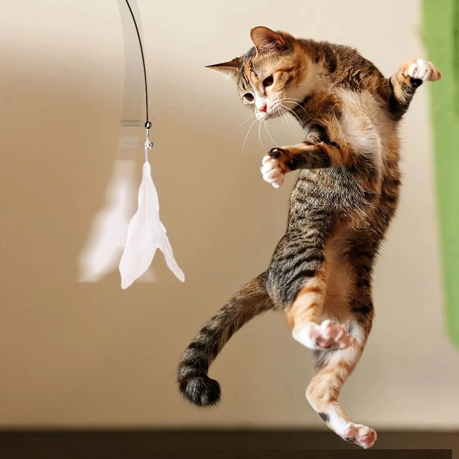 Long Suction Cup Pole Interactive Bell and Feather Wand Cat Teaser Toy